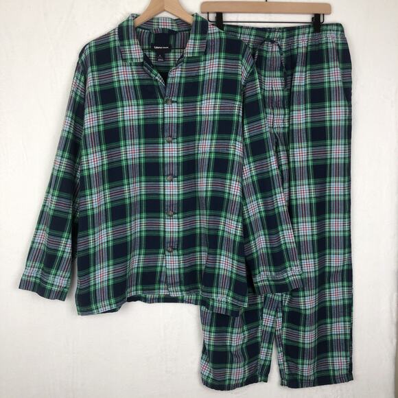 LANDS END‎ Flannel Pajamas Men's Sz L Blue Green Plaid 100% Cotton Button Up Set - Picture 1 of 16